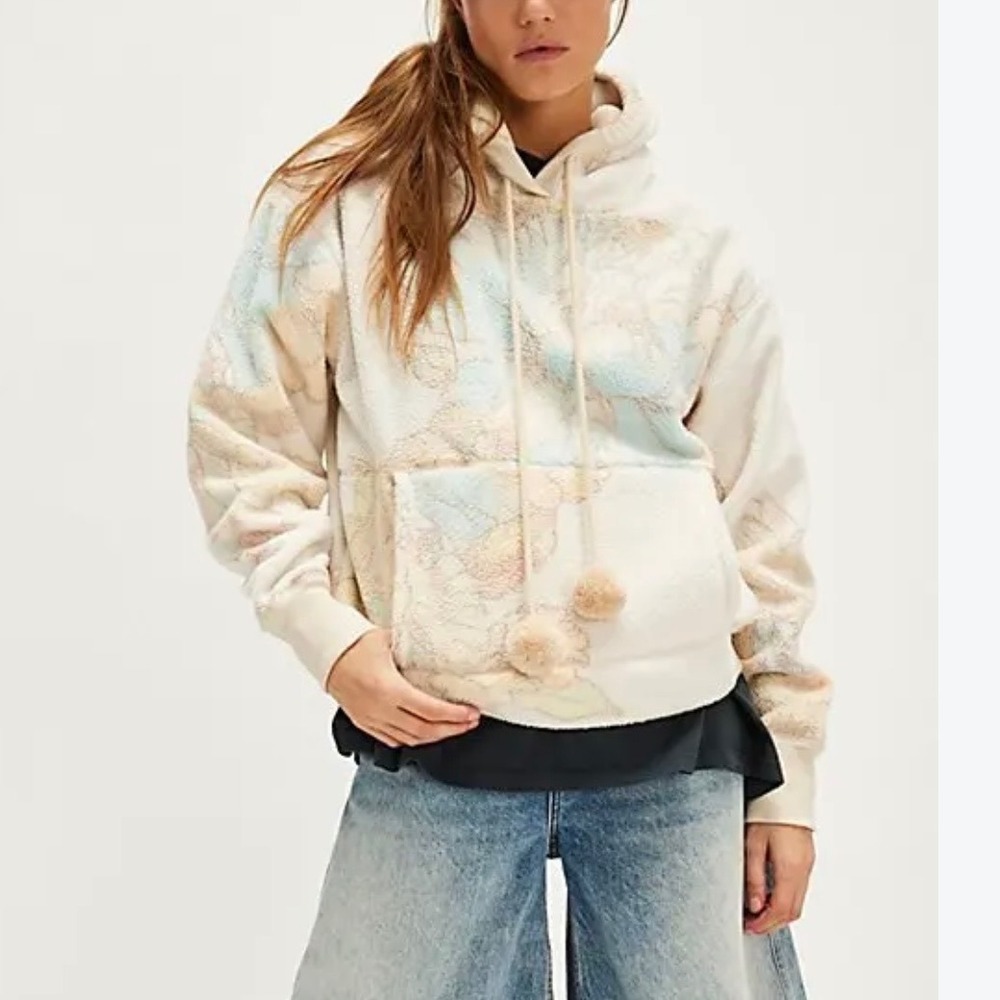 New Free People Floral Fleece Hoodie Cream Blue Orange Pom Pom Tassel Large